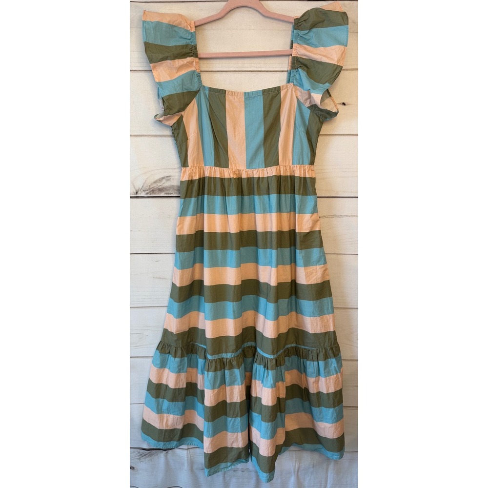 Olivia James The Label Striped Ruffle Sleeve Smocked Midi Dress Large Multi